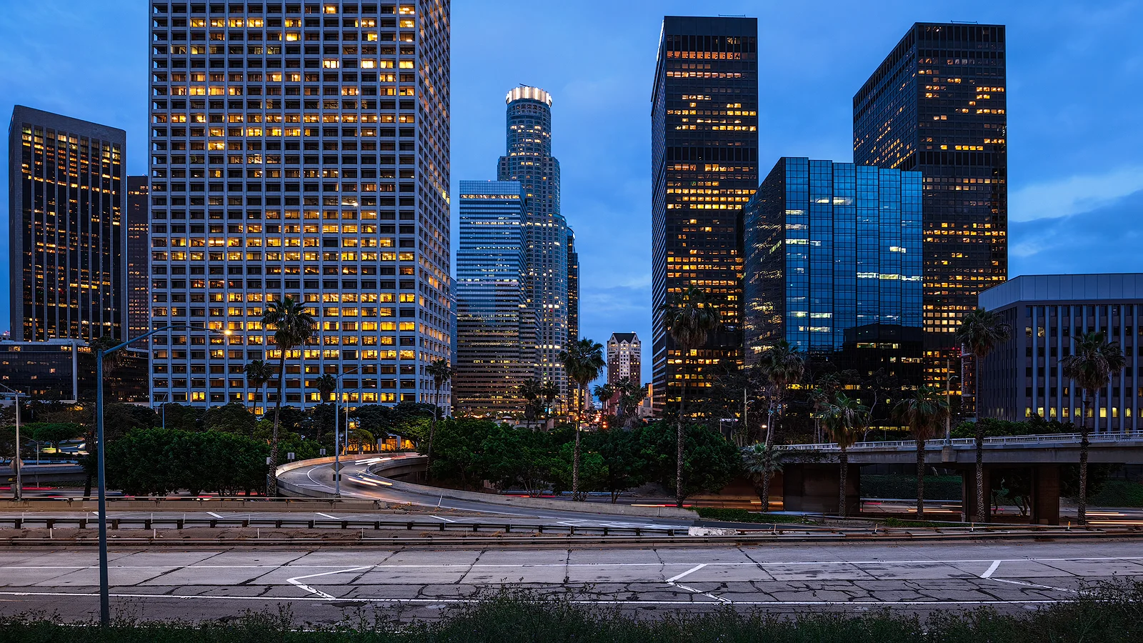 Timelapse of Downtown Los Angeles, with traffic rushing below the high-rises